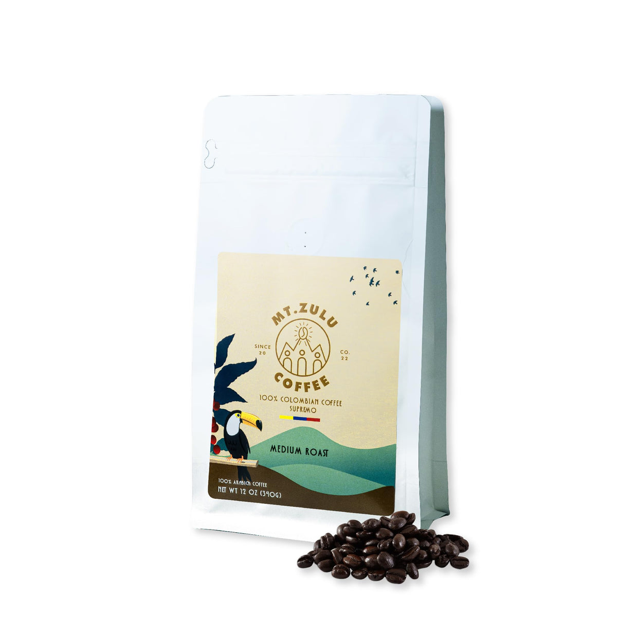 Mt. Zulu Colombian Supremo Whole Bean Coffee – Medium Roast, 100% Arabica, Gourmet Quality, 83.5 Cup Score, Balanced & Smooth, Freshly Roasted February 2025, 12 oz Bag