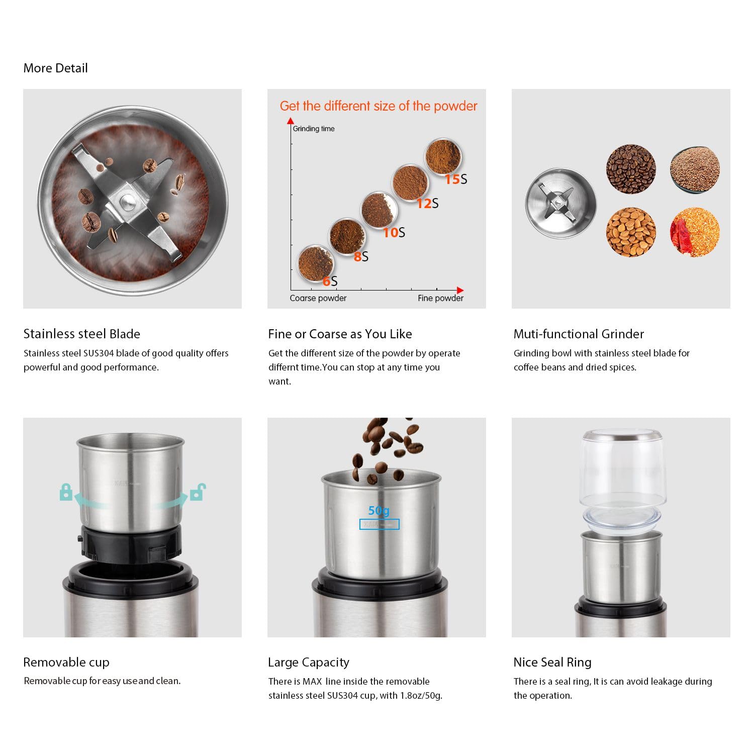 DR MILLS DM-7452 Electric Coffee Grinder,Spice Grinder Electric and chopper,detachable cup,Grinder diswash free, Blade & cup made with SUS304 stianlees steel