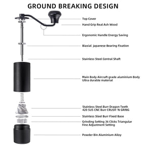 TRINIDa Manual Coffee Grinder, Premium 420 SUS CNC 38mm Stainless Steel Burr Coffee Bean Grinder, Adjustable Small Burr Coffee Bean Grinders for Camping and Travelling