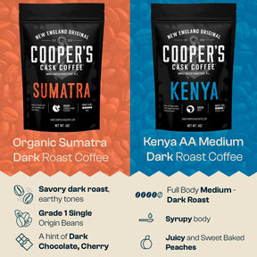 Gourmet Coffee Sampler Gift Set, Features Sumatra Dark, Kenya AA Medium-Dark, Rwanda Medium, Natural Ethiopian Medium-Light Gourmet Coffee Beans Sampler, Whole Bean, 4 Bags, 16 oz Total