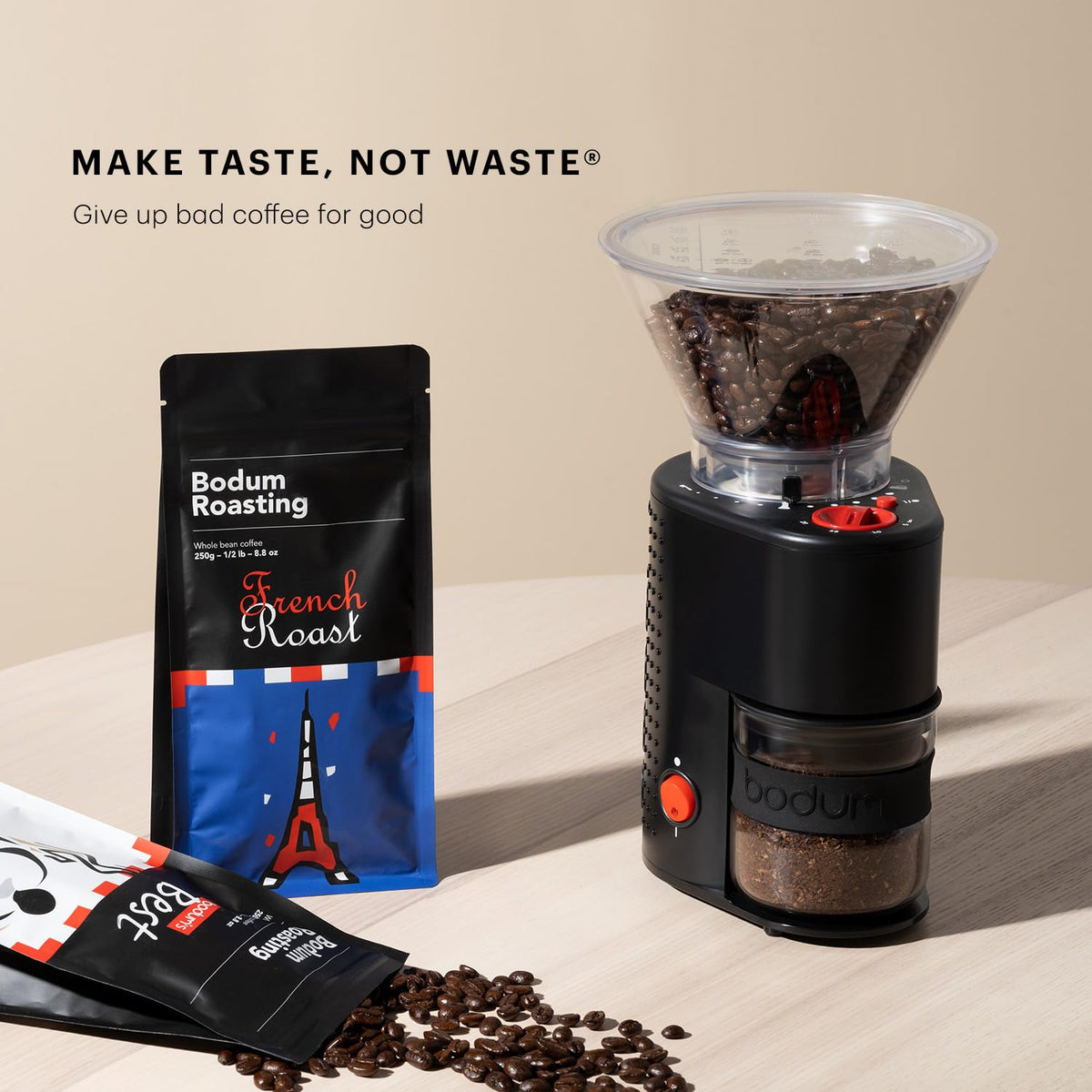 Bodum Bistro Elektrische Kaffeemühle mit konischem Mahlwerk, voreingestellter Timer, 12 Mahleinstellungen, schwarz