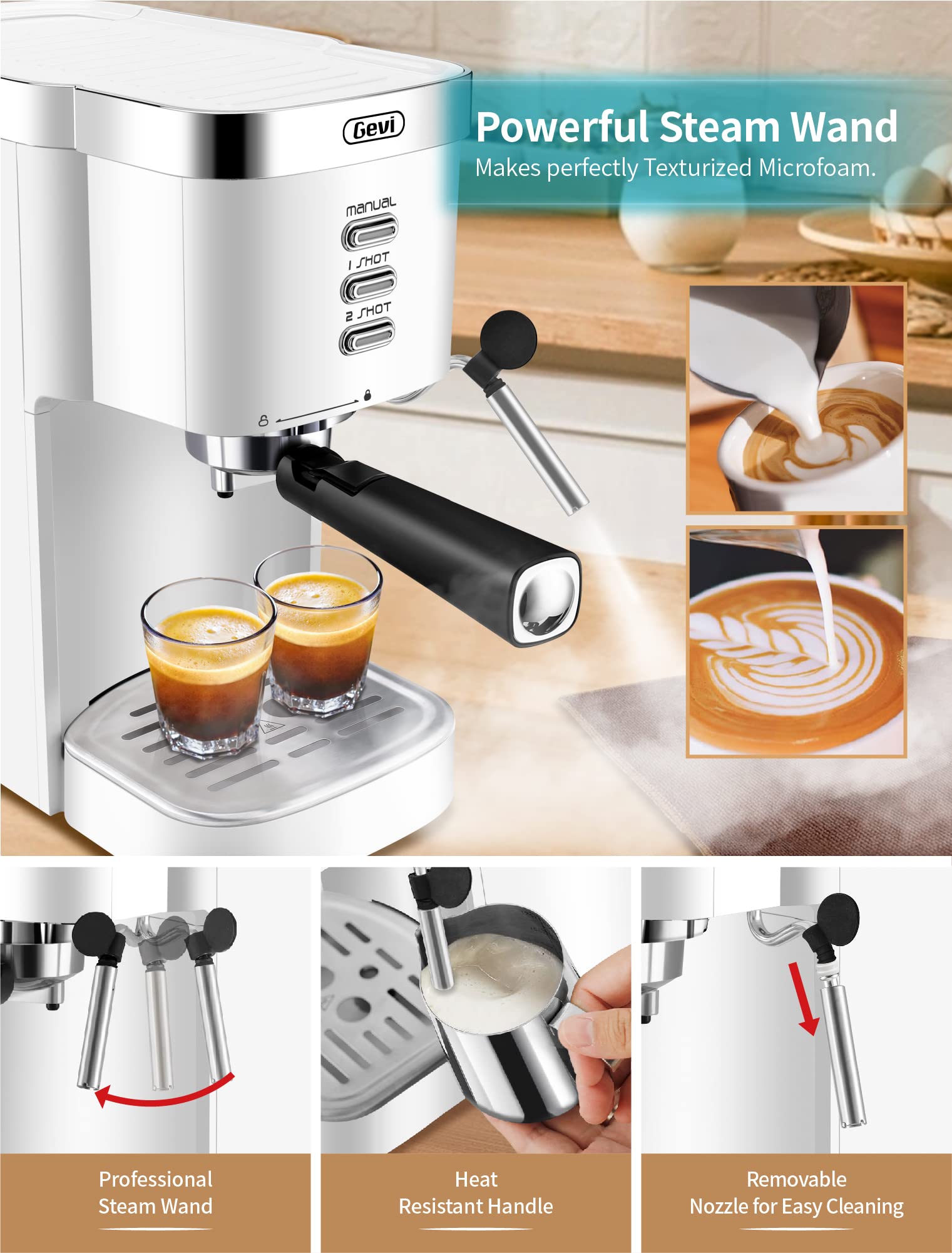 Gevi Espresso Machines 20 Bar Fast Heating Commercial Automatic Cappuccino Coffee Maker with Foaming Milk Frother Wand for Espresso, Latte Macchiato, 1.2L Removable Water Tank