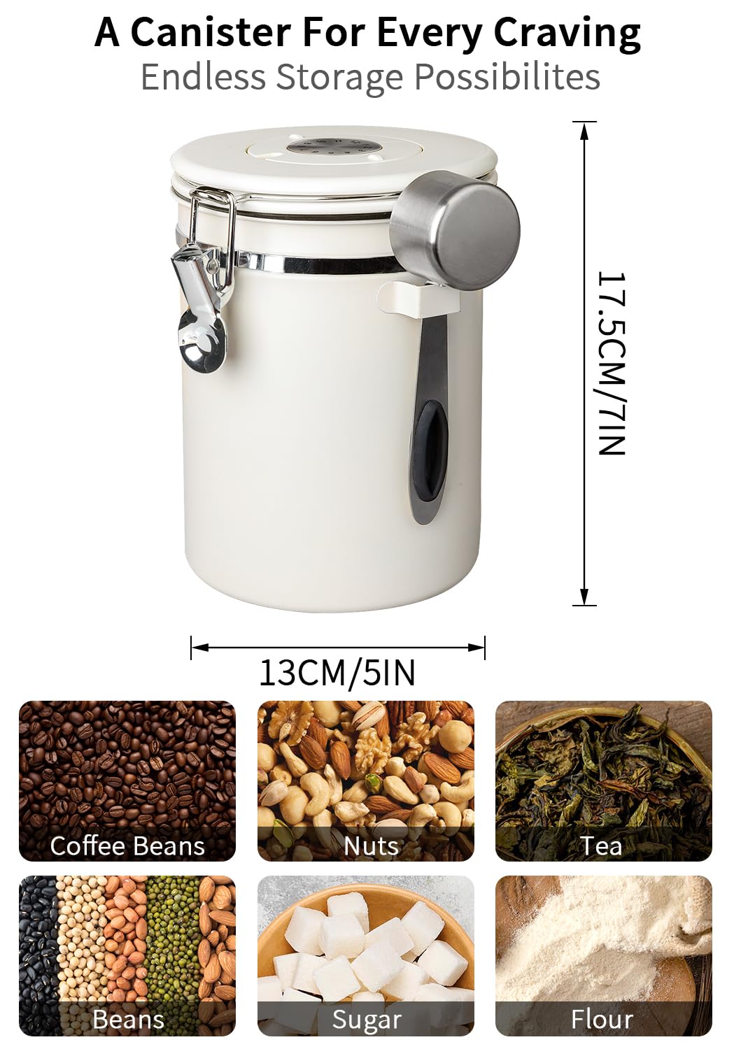 INFTYLE Coffee Canister with Airtight Lid, 22oz, 60 fl oz White, Stainless Steel Air Tight Lid Container with Date Tracker and Scoop Food Storage Jar for Grounds Coffee, Beans, Flour, Cereal (White)