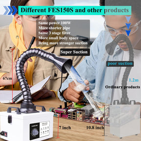 FES150S 100W レーザー煙抽出器、低騒音強力吸引 3 段階フィルター、5W および 10W レーザー彫刻機用溶接煙浄化器、電話修理はんだ付けフィルタリング