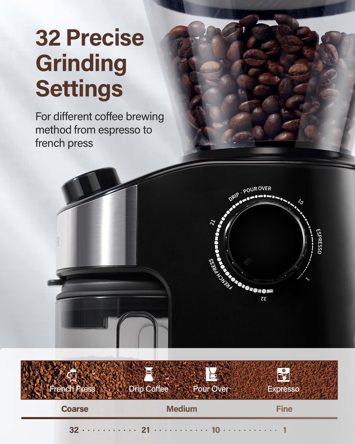 SHARDOR Burr Coffee Grinder Electric with 32 Grinding Sizes, Coffee Grinders for Home Use with 40 Seconds Adjustable Electronic Timer, Coffee Bean Grinder with Chamber Cleaning Button