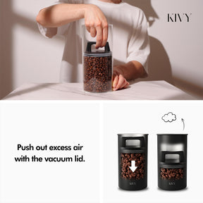 KIVY 真空コーヒーキャニスター - プッシュ式の蓋でコーヒーの香りとオイルを保ちます - ステンレススチールの密閉式コーヒーキャニスター - 挽いたコーヒーとコーヒー豆の保管用コーヒー容器 - 余分な空気を除去