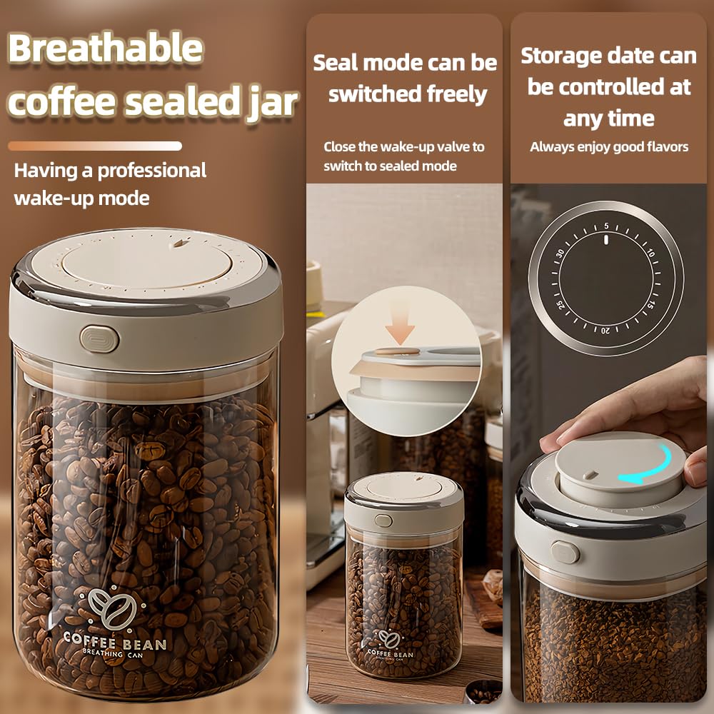 Aerbee Coffee Bean Canister, Food Grade Coffee Bean Sealed Jar with Date Tracker and Waking Bean Valve, Vacuum Food Storage Containers for Beans, Grain, Snack, Sugar, Tea (1.1L)