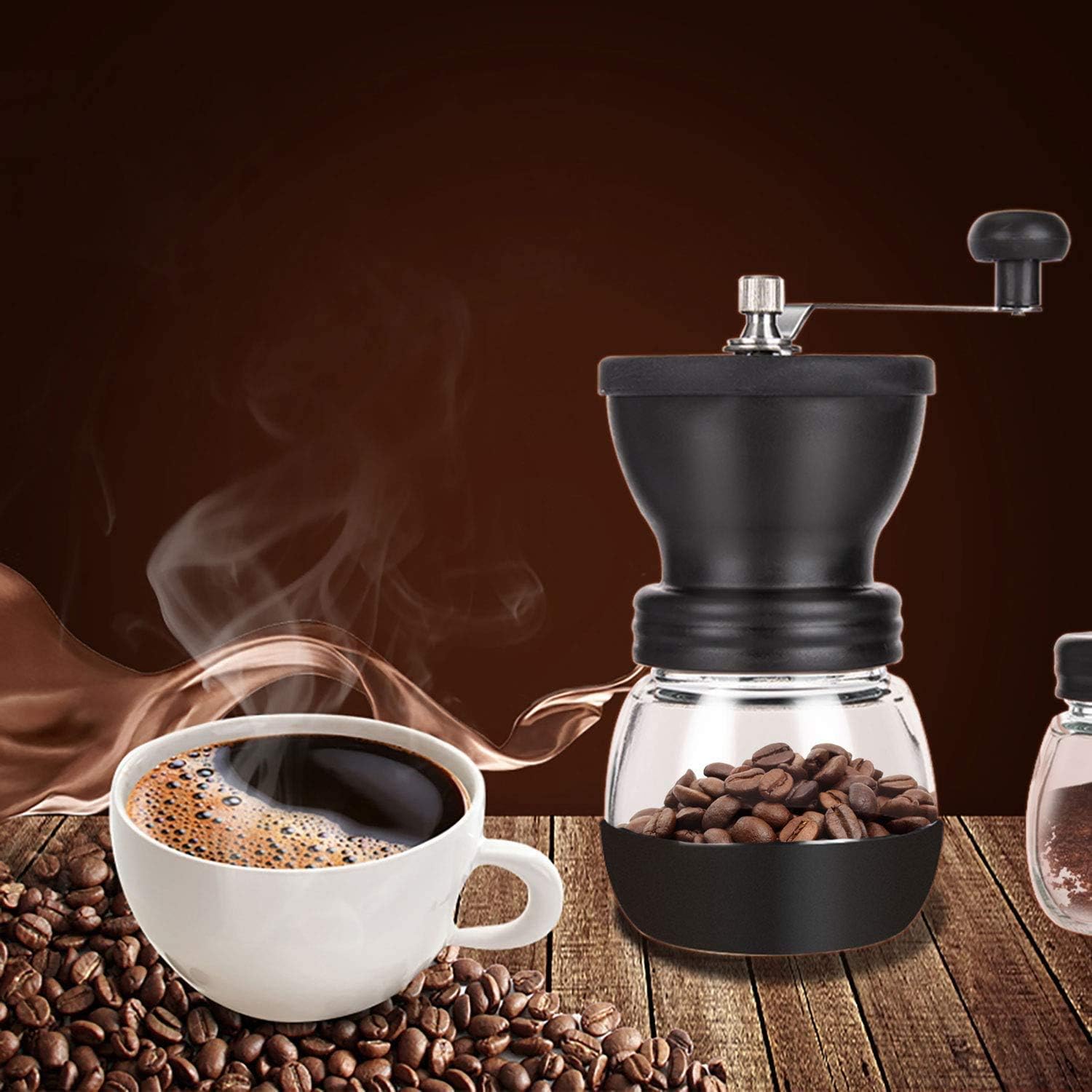 PARACITY Manuelle Kaffeemühle mit Keramikmahlwerk, kleine Handkaffeemühle mit 2 Glasbehältern (312 ml pro Behälter), Edelstahlgriff für Filterkaffee, Espresso, French Press, türkischen Aufguss