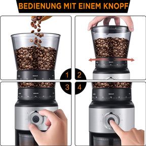 Ollygrin Kaffeemühle mit Kegelmahlwerk, elektrische konische Kaffeebohnenmühle mit 30 einstellbaren Mahlgradeinstellungen für 2–12 Tassen, Silber und Schwarz