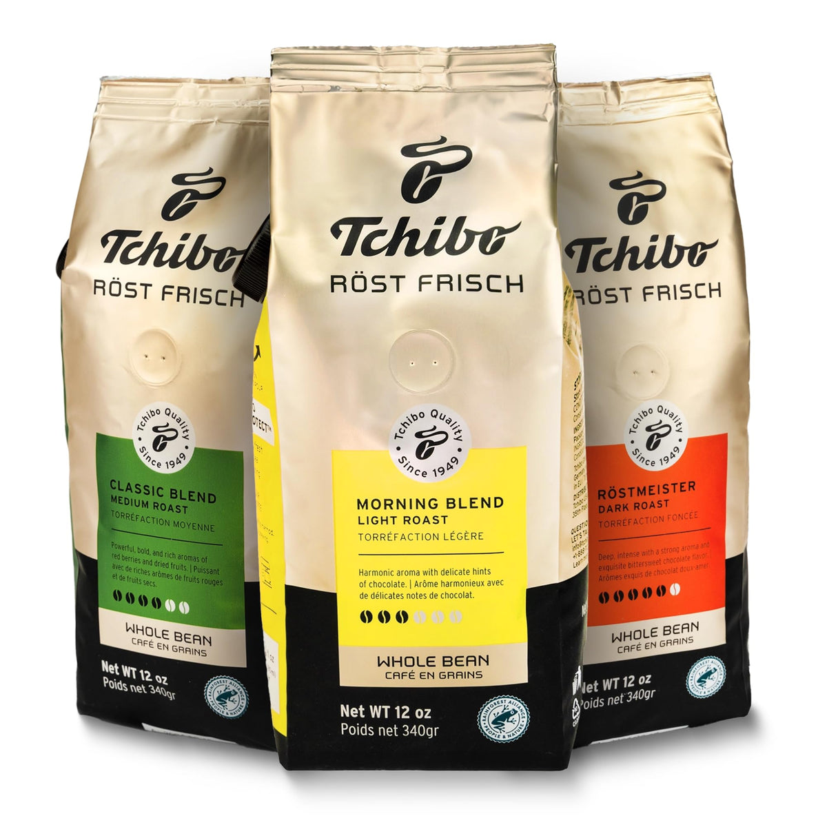 Tchibo Röst Frisch Whole Bean Coffee Variety Pack - Morning Blend, Classic Blend and Röstmeister - 100% Arabica Beans - Light, Medium and Dark Roast - 3 x 12 oz - Pack of 3