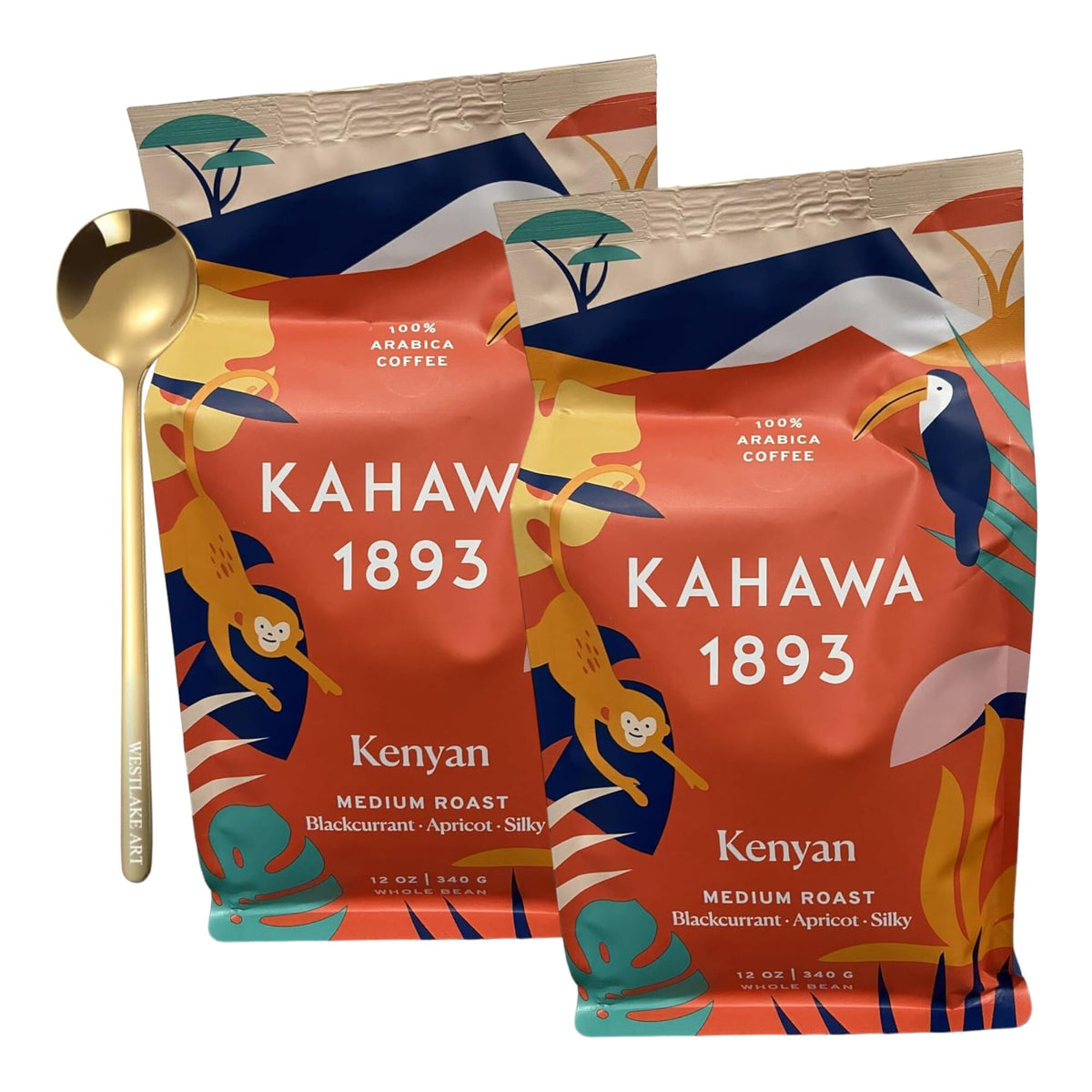 westlake art Coffee Kenyan Medium Roast Coffee Beans, Bundled With Golden Ss Spoon - Whole Coffee Beans, Direct Farmer Sourced, Ideal For Iced Coffee, Distinct Blackcurrant & Apricot Notes (Pack Of 2)