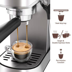 wirsh Espresso Machine,20 Bar Espresso Maker with Commercial Steamer for Latte and Cappuccino, Expresso Coffee Machine with 42 oz Removable Water Tank,Stainless Steel (Home Barista)