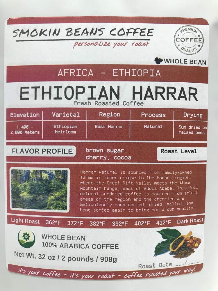 2-pound Ethiopia Harrar (Fresh Roasted Coffee) heirloom Arabica beans roasted-to-order daily medium roast whole bean, we can grind or provide lighter or darker roast upon request message at checkout