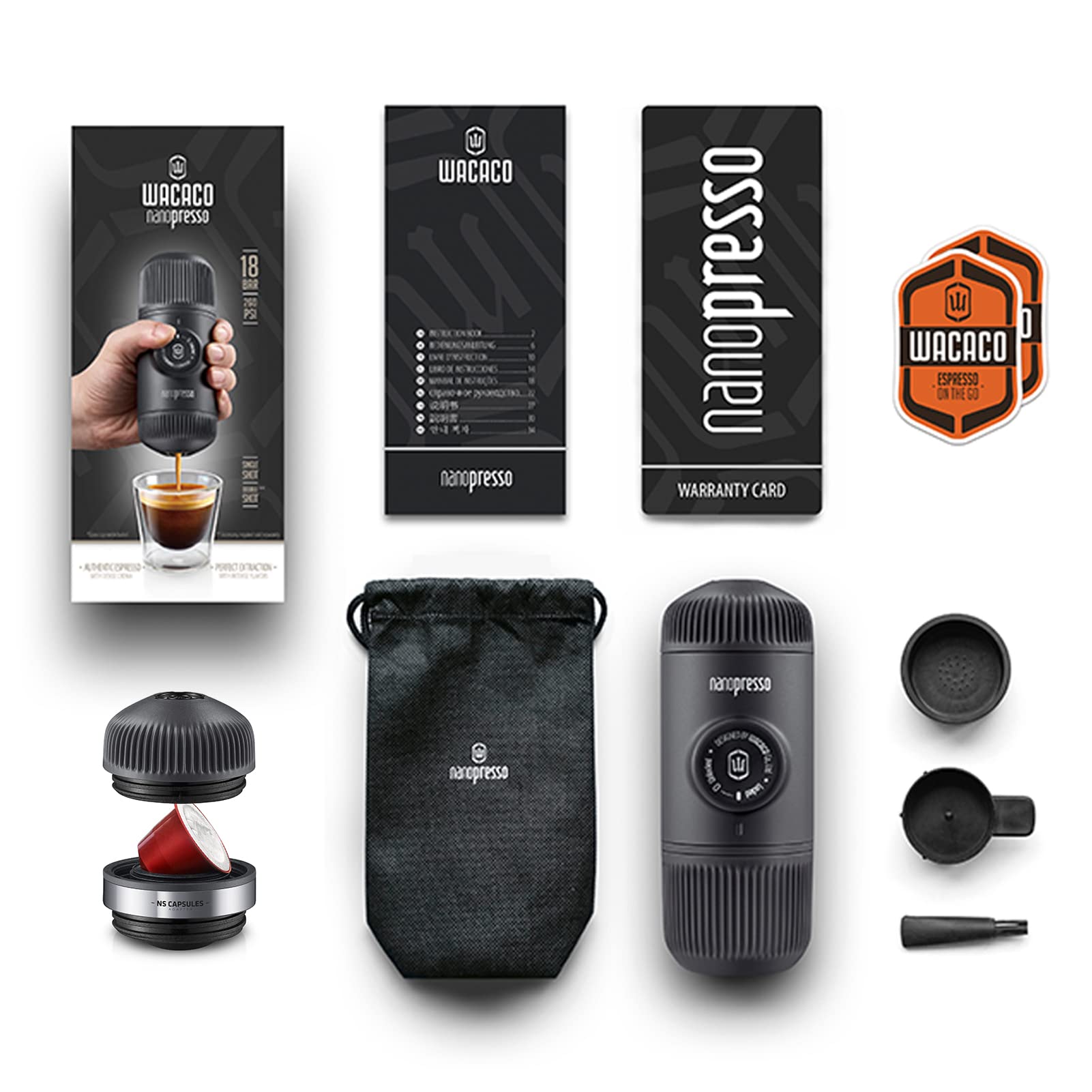 WACACO Nanopresso Portable Espresso Maker Bundled with NS Adapter, Compatible with NS Capsules and Ground Coffee, Manually Travel Coffee Machine Set, Perfect for Camping