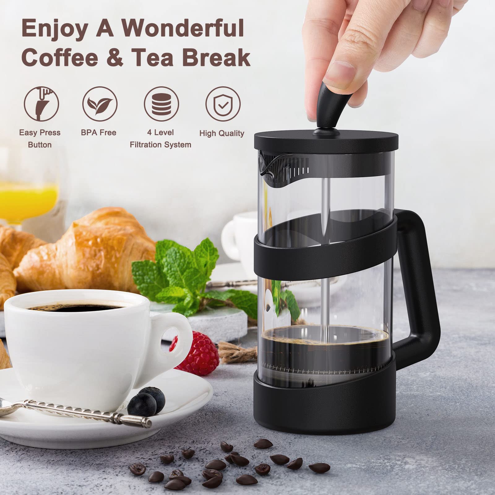 RAINBEAN Mini-French-Press-Kaffeemaschine, 12 oz, Kaffeebereiter zum Erhitzen und Kaltpressen, Camping-Kaffeepresse, kleine French Press und Kaffeepressen 350 ml, Tee- und Milchaufschäumpresse (schwarz, 12 oz)