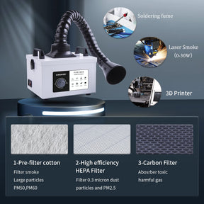 FES150S 100W レーザー煙抽出器、低騒音強力吸引 3 段階フィルター、5W および 10W レーザー彫刻機用溶接煙浄化器、電話修理はんだ付けフィルタリング