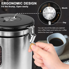 1800ML Airtight Coffee Canister with Date Tracker&Transparent Window, 22.8OZ Coffe Beans Storage with 30ML Measure Spoon&4 co2 Valve, Coffee Container for Grounds Coffee, Beans, Tea, Sugar(Silver)