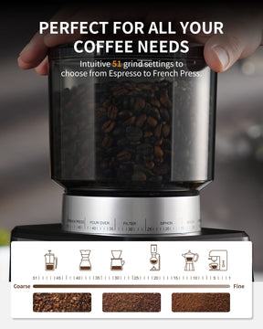 SHARDOR Conical Burr Espresso Coffee Grinder Electric with Precision Timer 2.0, Touchscreen Adjustable Burr Mill with 51 Precise Settings for Home Use, Anti-static, Stainless Steel