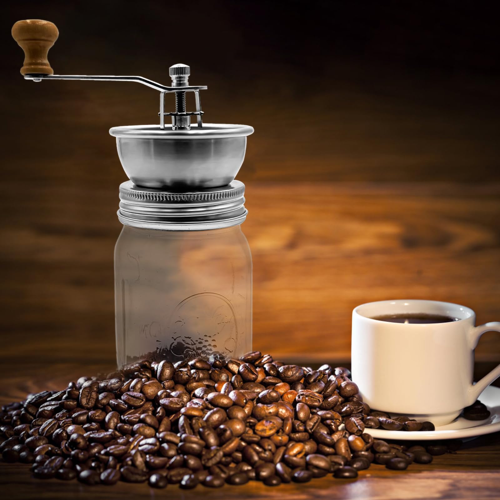 Mason Jar Coffee Grinder, Manual Coffee Grinder Lid Attachment for Regular Mouth Mason Jars, Stainless Steel Mason Jar Lid and Ceramic Burr, Mason Jar Accessories Ideal for Camping & Home Barista