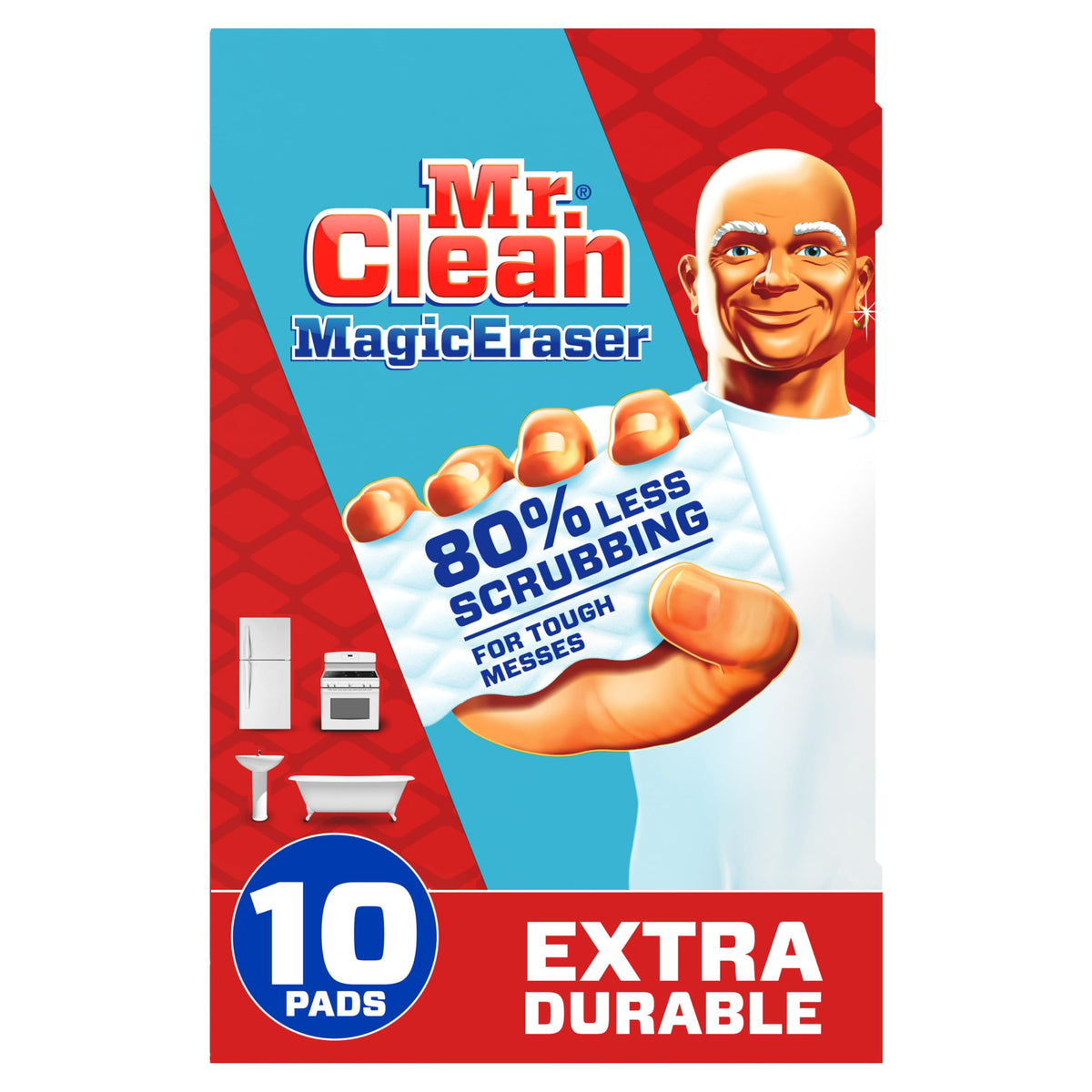 Mr. Clean Magic Eraser, Extra Durable, Multi Purpose Cleaner, Shoe, Bathroom, Shower, and Car Window and Windshield Cleaner, Cleaning Pads, 10 Count