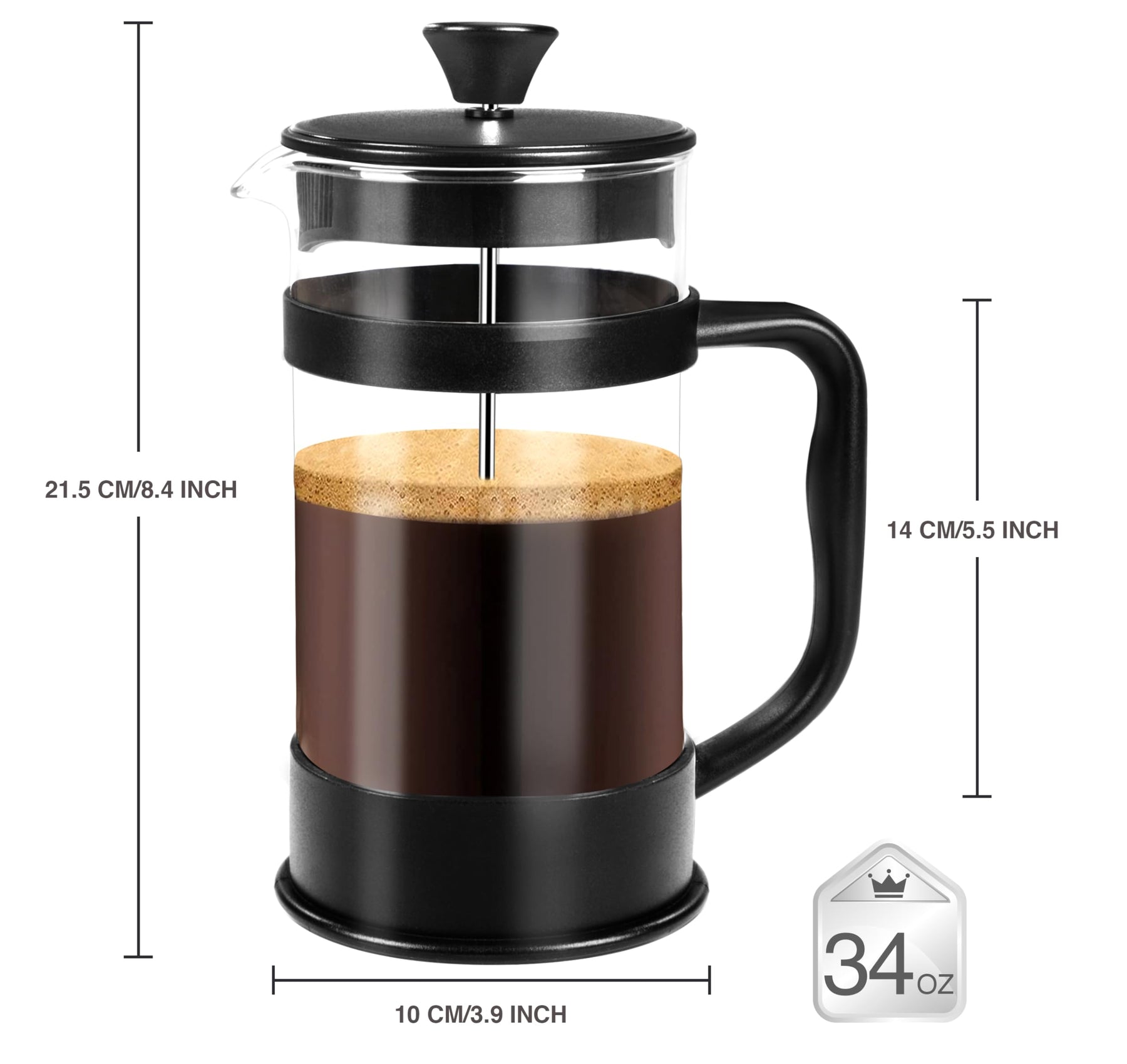 Utopia Kitchen 34 Ounce 1 Liter French Press Coffee Maker, Tea Maker, Travel Coffee Presses, Heat Resistant Thickened Borosilicate Coffee Pot for Camping Travel Gifts, Black Pack of 1