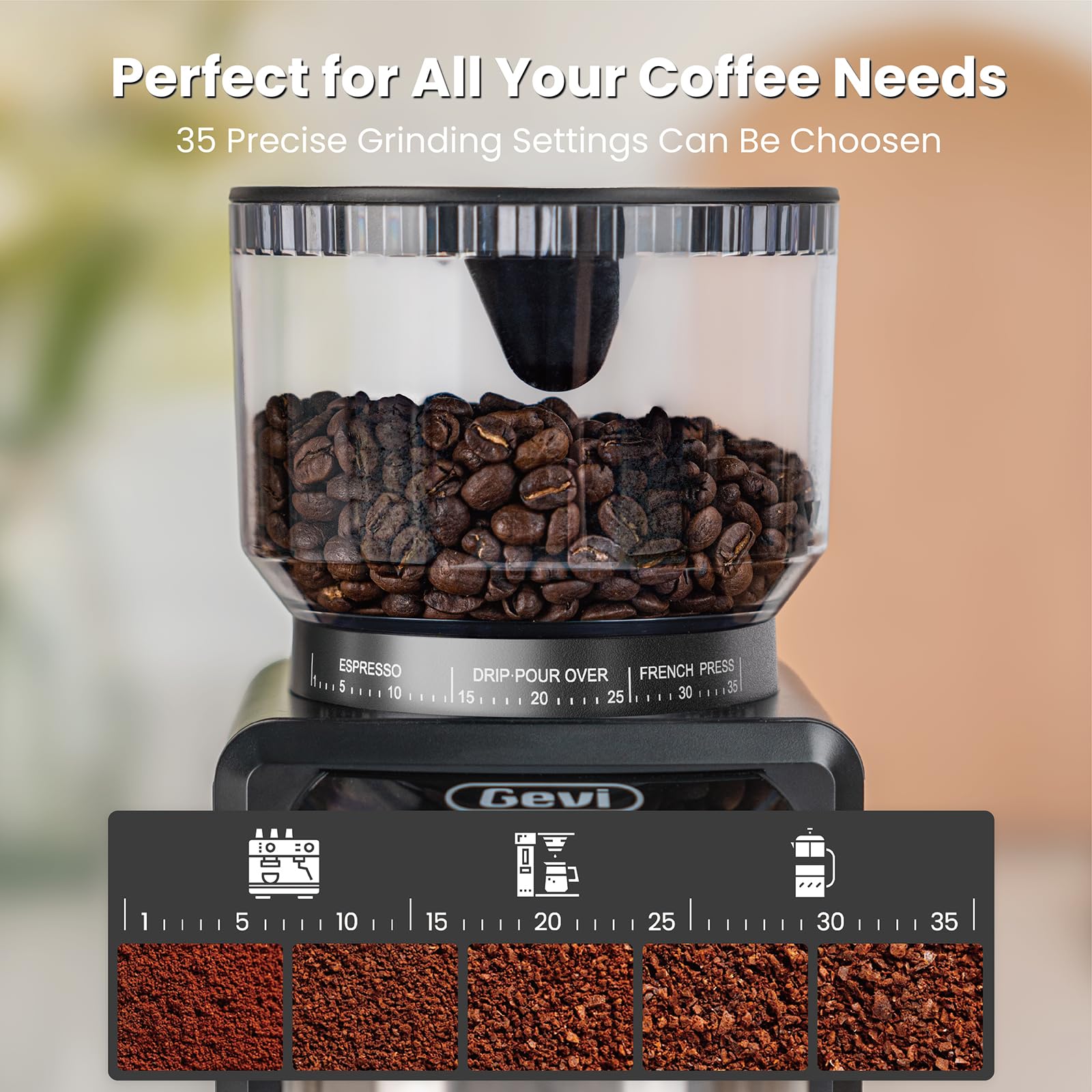 Gevi Conical Burr Coffee Grinder, Adjustable Burr Mill with 35 Precise Grind Settings, Anti-Static, Coffee Grinder Electric for Espresso/Drip/Percolator/French Press/American/Turkish Coffee Makers