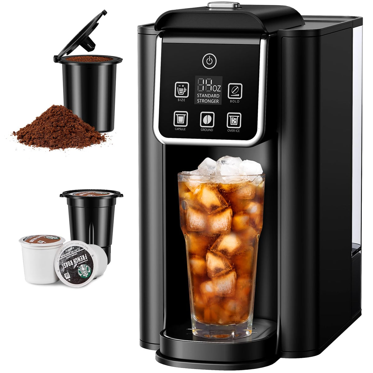 SHARDOR Einzelportionskaffeemaschine 2.0, Heiß- und Eiskaffeemaschine für K-Cup-Pads und gemahlenen Kaffee, Brühgrößen von 6 bis 14 oz, abnehmbarer 50 oz-Wassertank, Bold Brew-Einstellung, Edelstahl, Schwarz