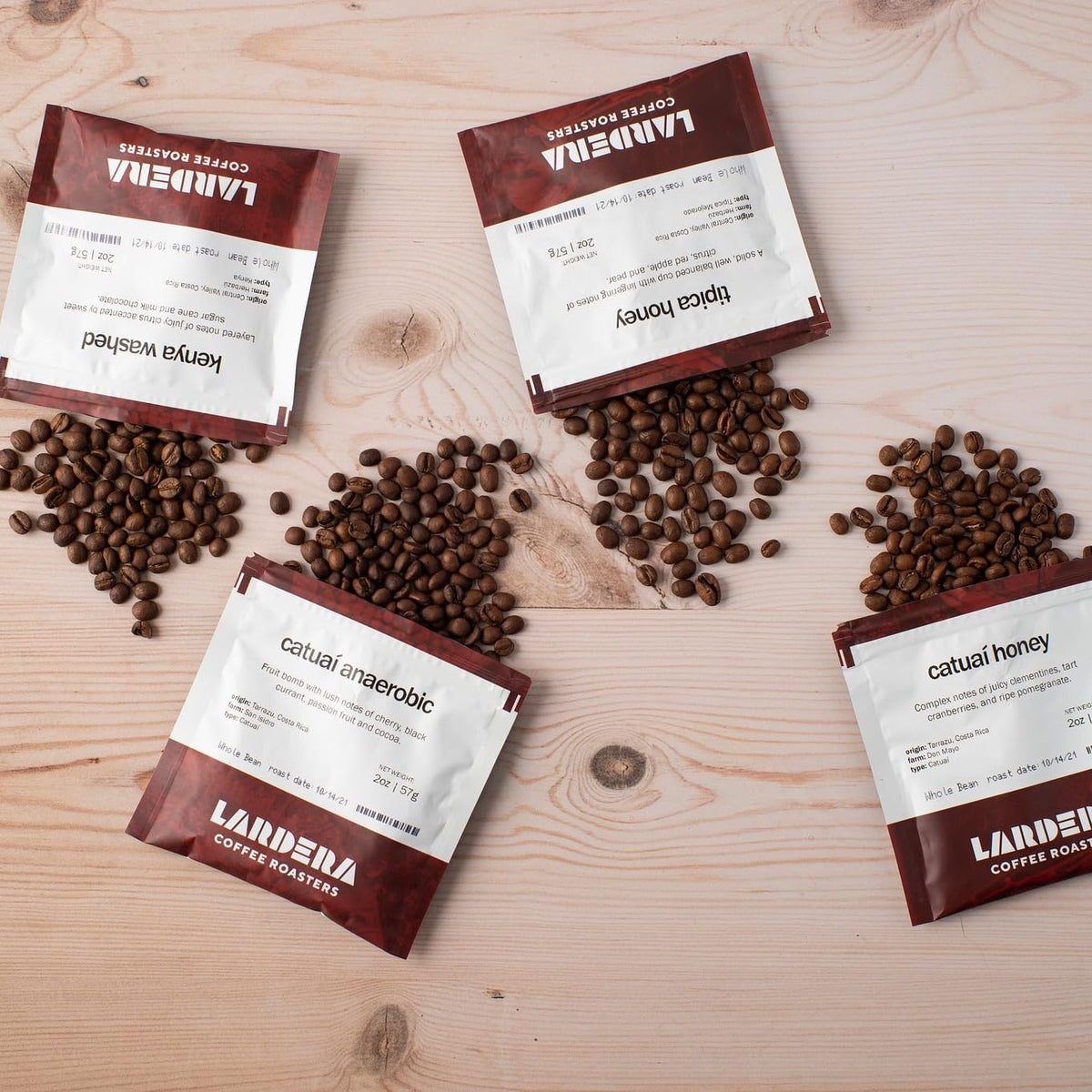 Lardera Coffee Roasters の新鮮な豆の詰め合わせをお試しください: 窒素充填済み 2 オンス バッグ 4 個 = 新鮮なコーヒー 8 オンス