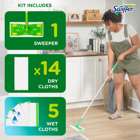 Swiffer Sweeper 2-in-1 Trocken- und Nass-Bodenwisch- und Kehrset, Set für mehrere Oberflächen zur Bodenreinigung, Set beinhaltet 1 Kehrmaschine, 14 Trockenkehrtücher, 5 Nasswischtücher