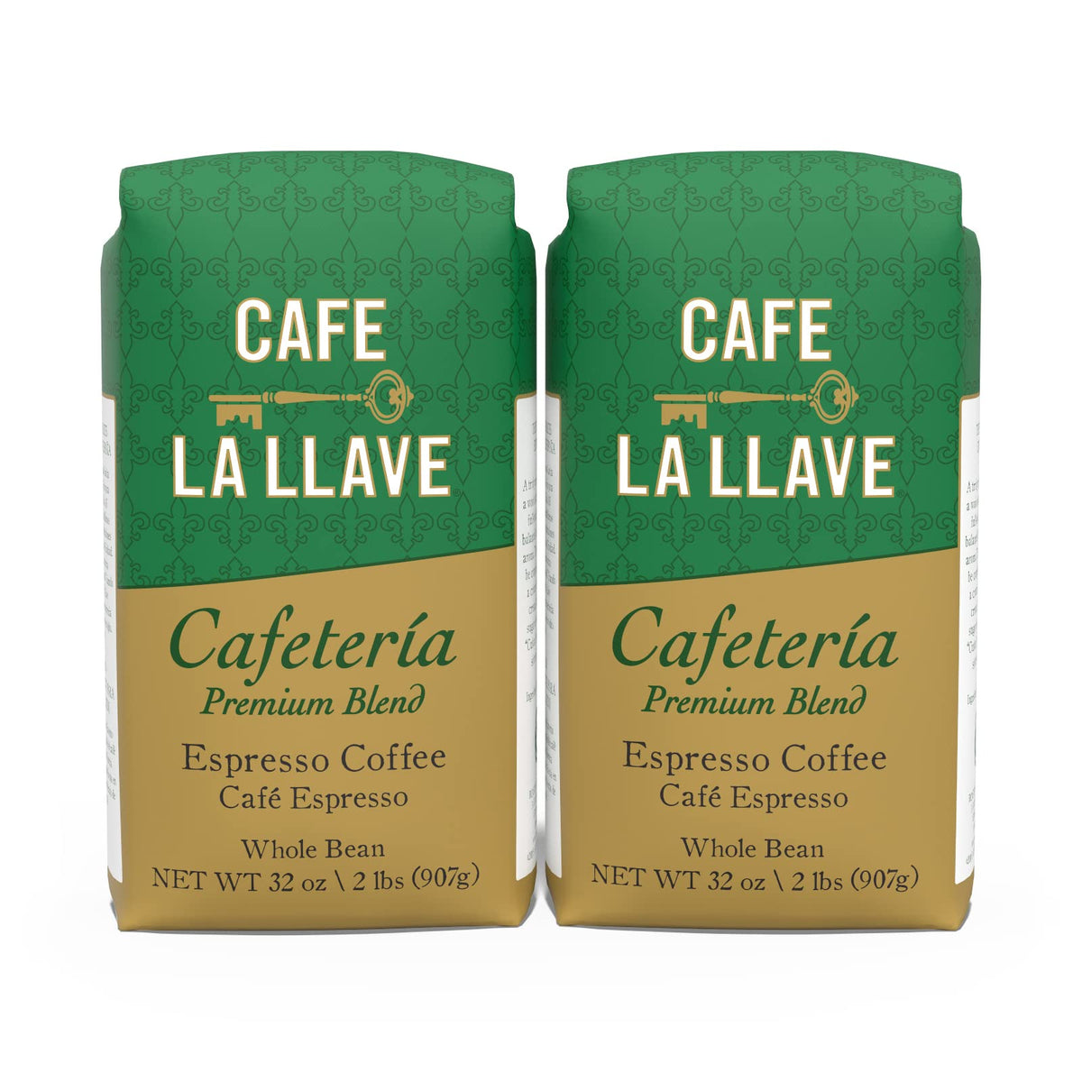 Cafe La Llave Whole Bean Espresso Coffee, Premium Dark Roast, 32 oz Bags (Pack of 2) - Rich Cuban-Style Blend