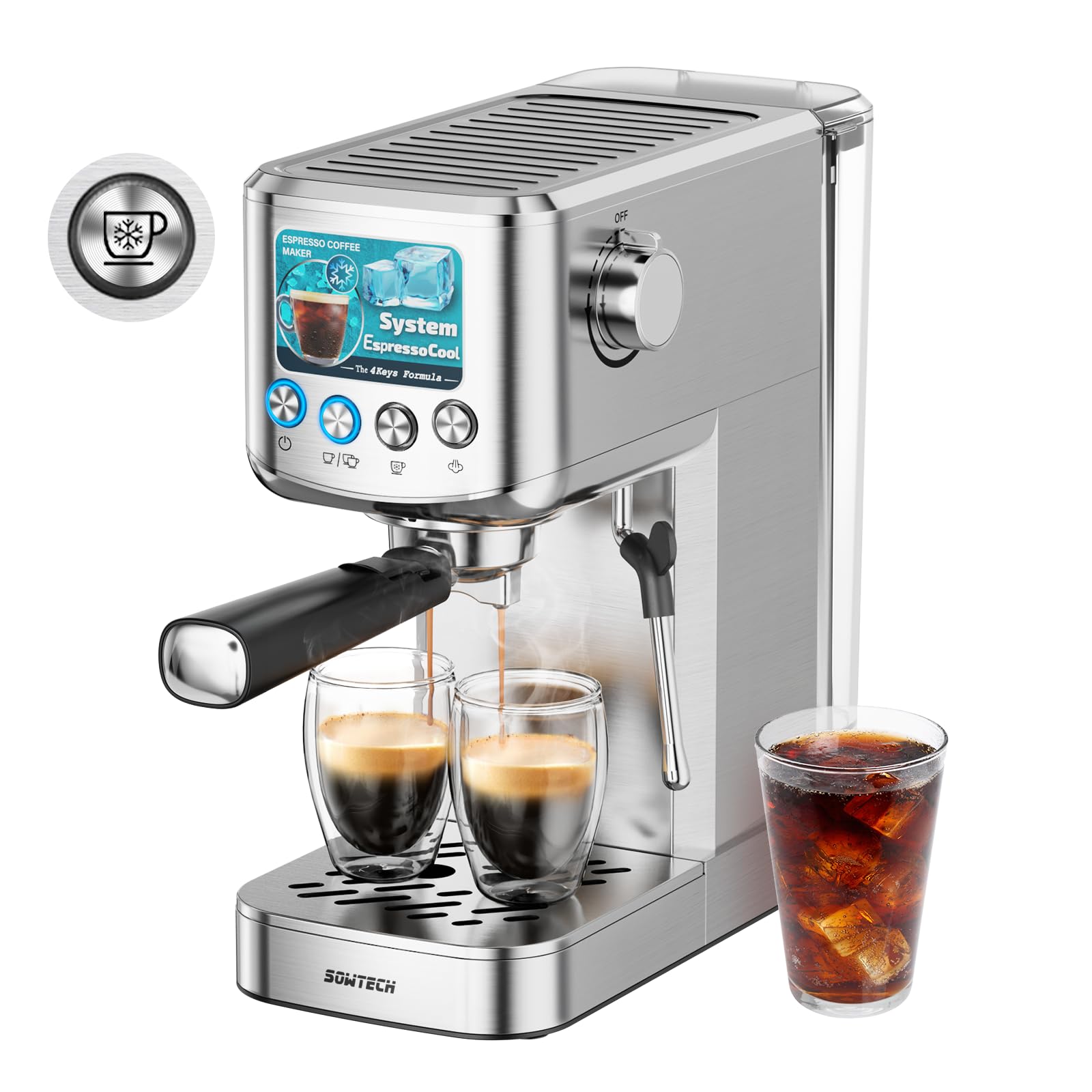 SOWTECH Espresso Machine 20 Bar,Professional Espresso Maker with Milk Frother,Expresso Coffee Machine with 42 oz Removable Water Tank,Stainless Steel,Silver