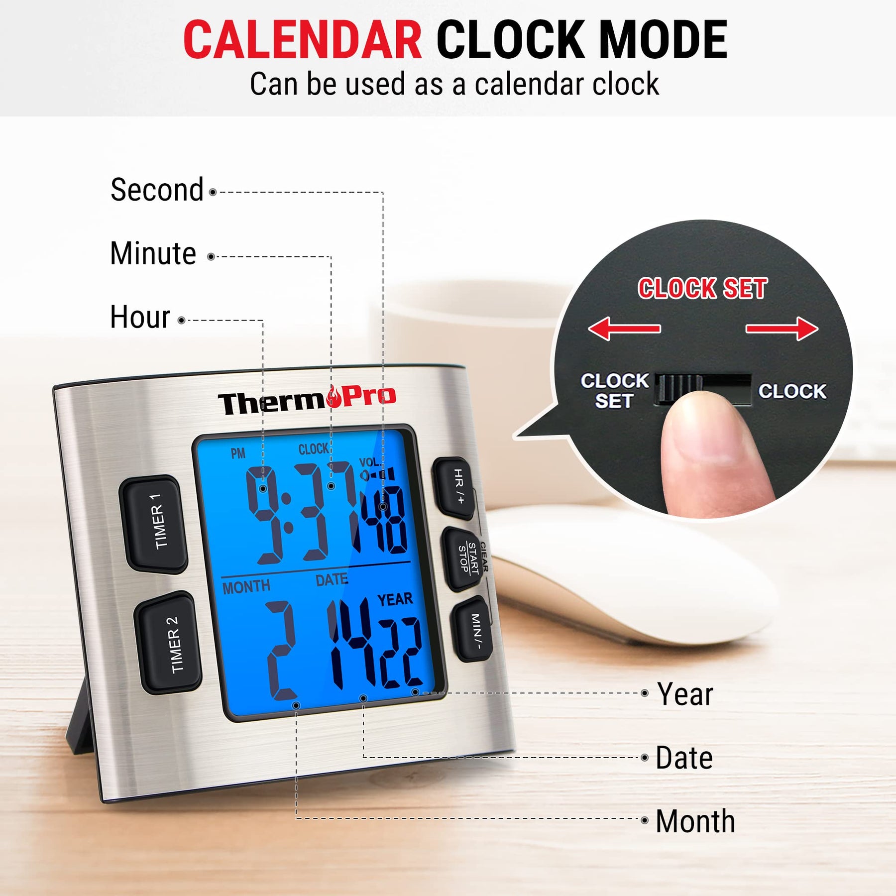 ThermoPro TM02 Digitaler Küchentimer mit zwei Countdown-Stoppuhren, Timer/Magnetische Timeruhr mit einstellbarem lautem Alarm und LCD-Hintergrundbeleuchtung, große Ziffern/24 Stunden für Kinderlehrer