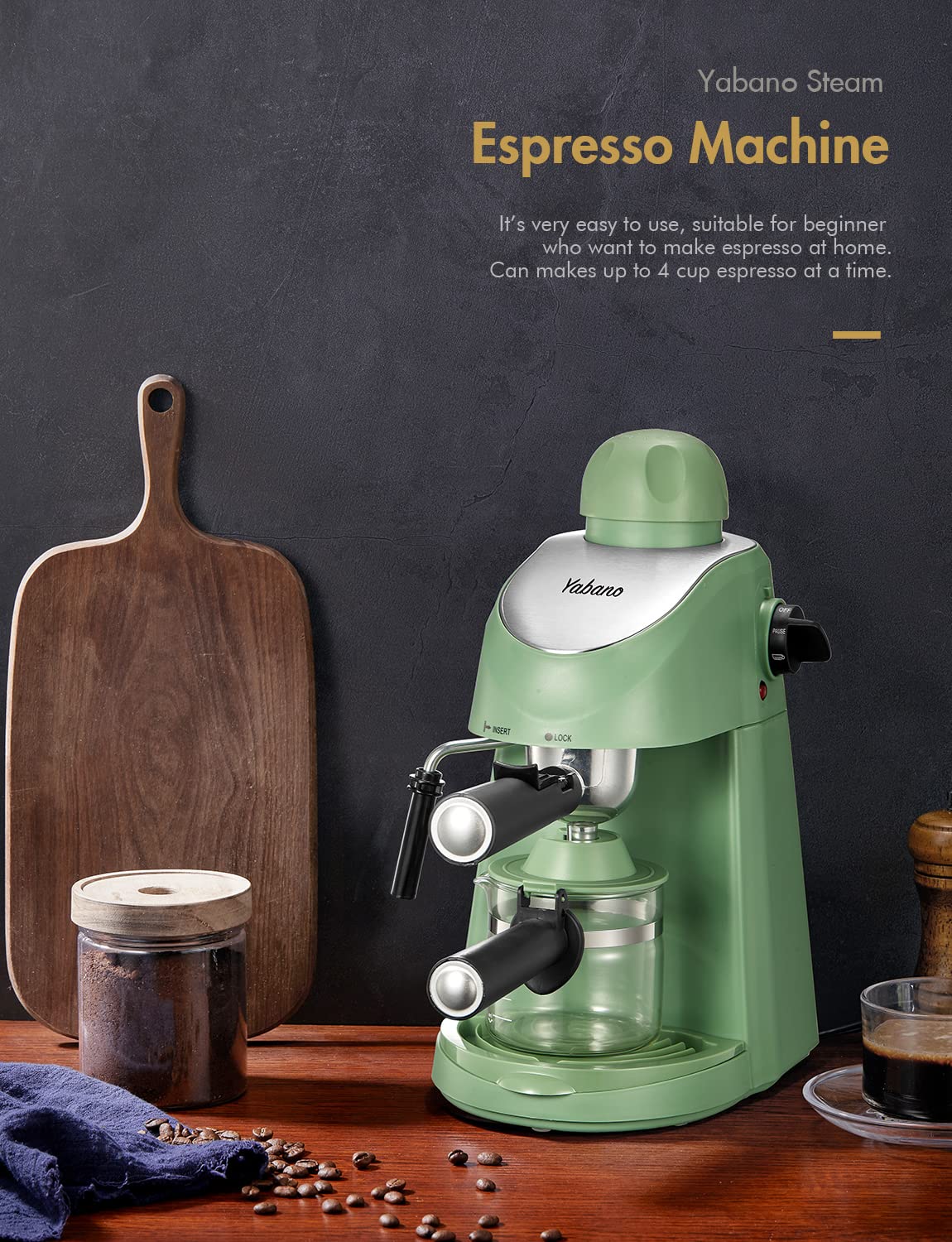 Yabano Espressomaschine, 3,5 Bar Espressomaschine, Espresso- und Cappuccinomaschine mit Milchaufschäumer, Espressomaschine mit Dampfgarer (Grün)