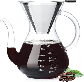 Unzerbrechlicher Pour-Over-Kaffeebereiter mit doppeltem Edelstahlfilter für 8 Tassen, verdickter, hitzebeständiger Pour-Over-Kaffeefilter aus Borosilikatglas, herdplattensicher