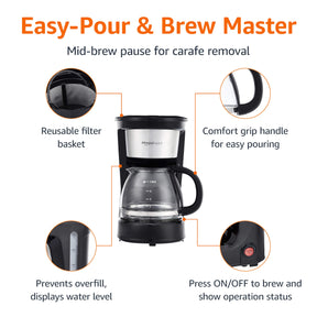 Amazon Basics Coffee Makers, 5-Cup Coffee Machines with Reusable Filter, Coffee Pots, Black & Stainless Steel