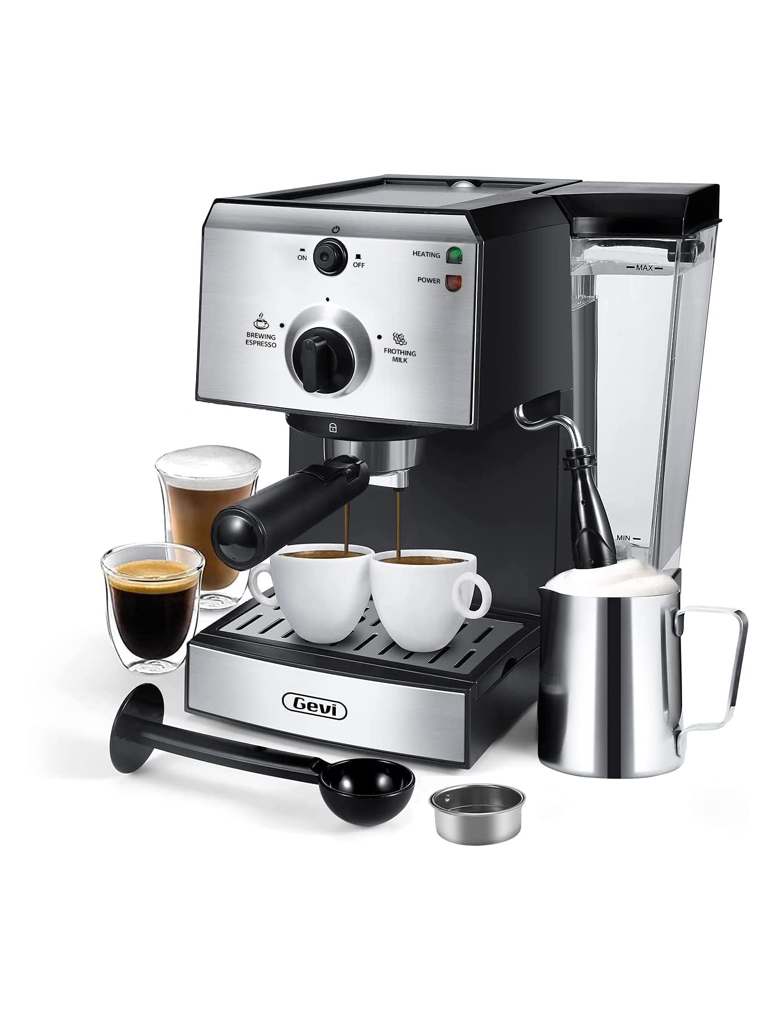 Gevi 15 Bar Espressomaschine, professionelle Espressomaschine mit Milchaufschäumer für Espresso, Latte, Machiato und Cappuccino, 1,5 l abnehmbarer Wassertank, silber, 1100 W