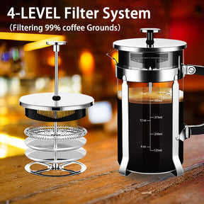 YMMIND French Press Kaffeemaschine, 21 oz Kaffeepresse aus 304 Edelstahl, mit 4 Filtersystem, hitzebeständiges dickes Borosilikatglas für die French Press, BPA-freie Teekanne mit Kaffeekolben