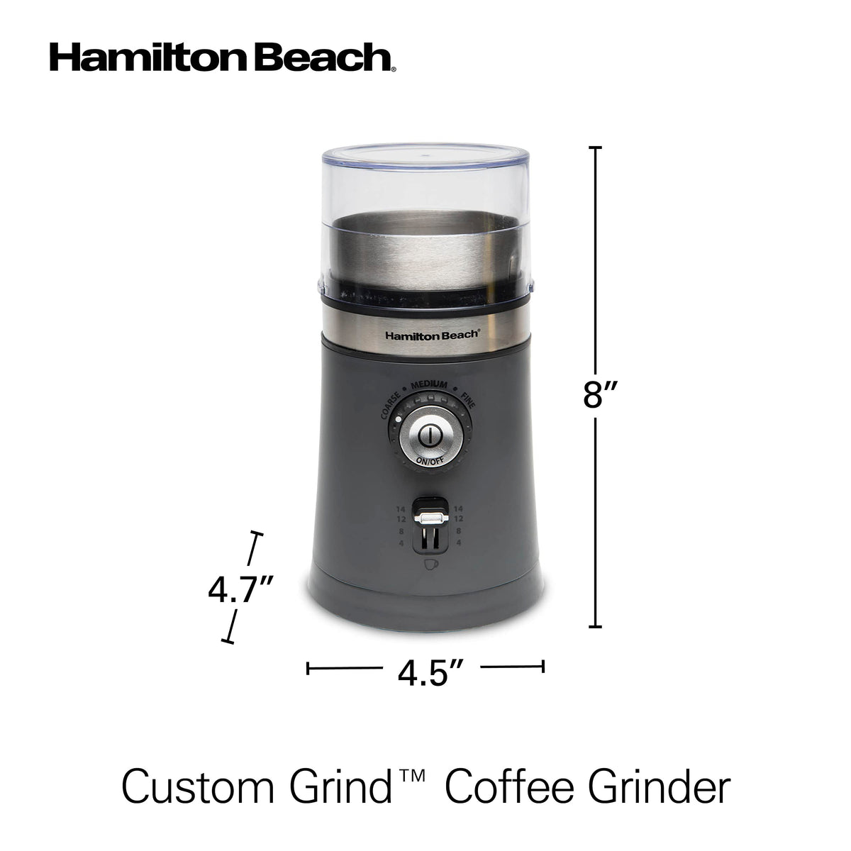 Hamilton Beach Electric Coffee Grinder for Beans, Spices and More, with Multiple Grind Settings for up to 14 Cups, Removable Stainless Steel Chamber, Grey (80396C), 10 oz