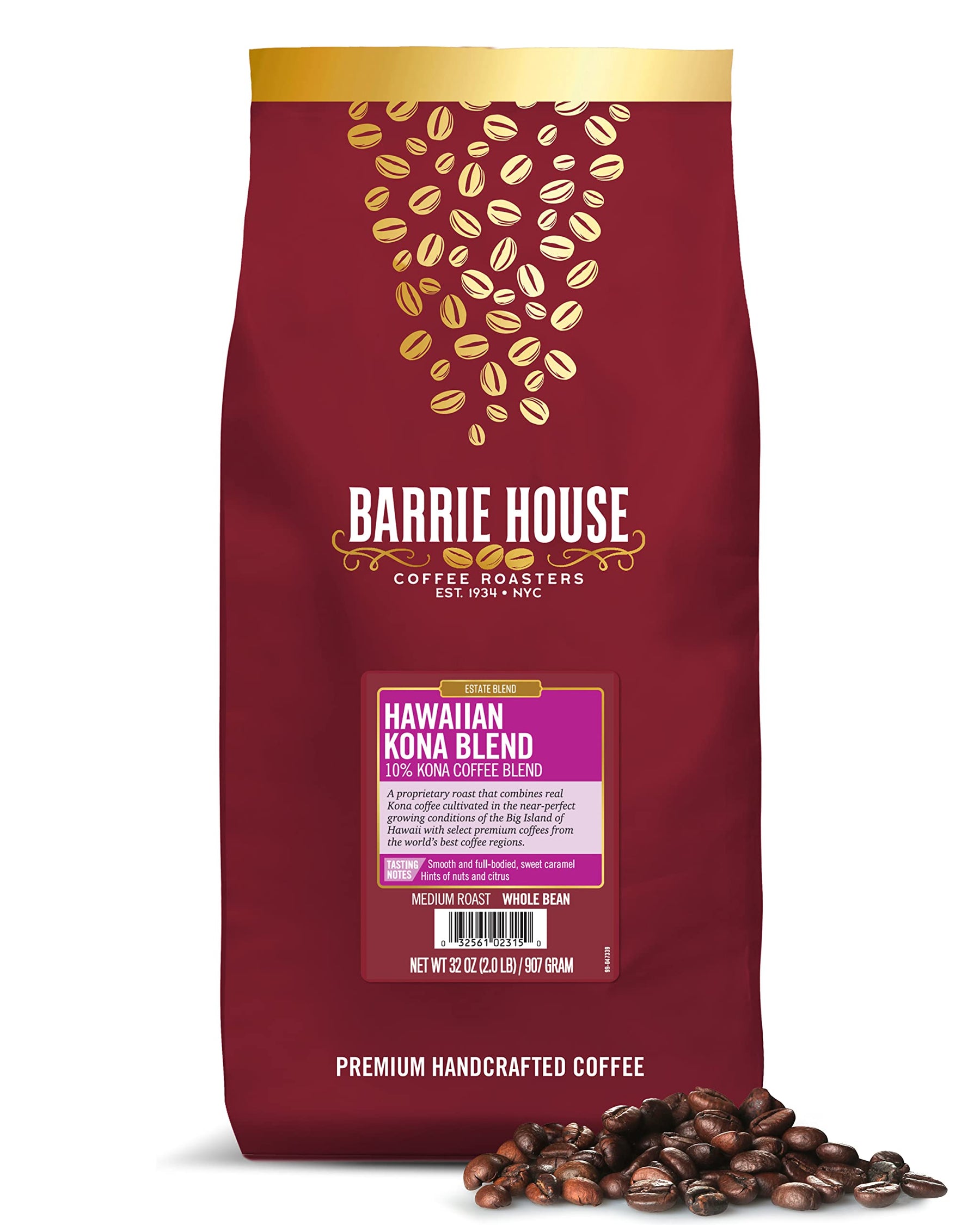 Barrie House 10% Hawaiian Kona Whole Bean Coffee Blend, 2 lb Bag | Medium Roast | Smooth and Full-Bodied Flavor