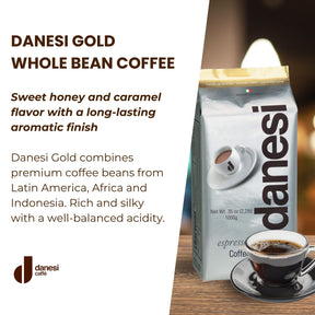 Danesi Caffe Italienische ganze Kaffeebohnen – Espresso-Kaffeebohnen und mittelstark geröstete ganze Bohnen – Perfekt für Espressomaschinen, French Press und zum Aufbrühen zu Hause – Gold (2,2 lb)