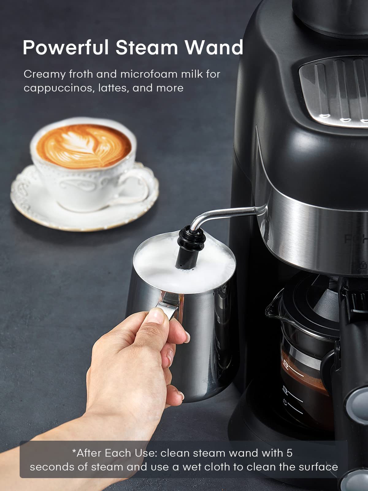 FOHERE Steam Espresso Machine, 3.5 Bar 4 Cup, Professional Compact Espresso and Cappuccino Maker with Milk Frother and Carafe for Coffee, Latte and Mocha