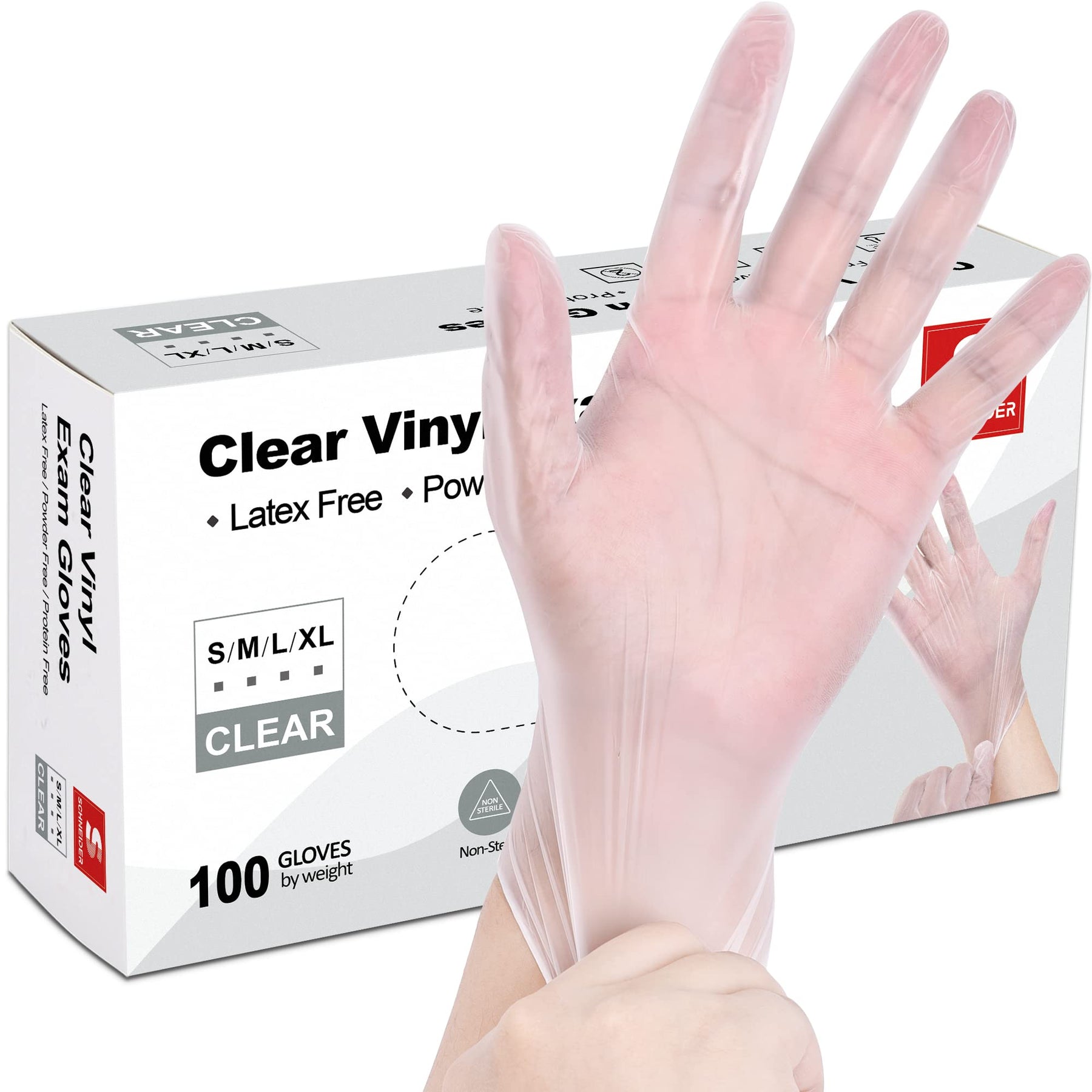 Schneider Clear Vinyl Exam Gloves, 4-mil, Medium 100-ct Box, Latex-Free, Rubber Disposable Gloves For Medical, Cleaning , Food Prep, Food Safe, Powder-Free, Non-Sterile