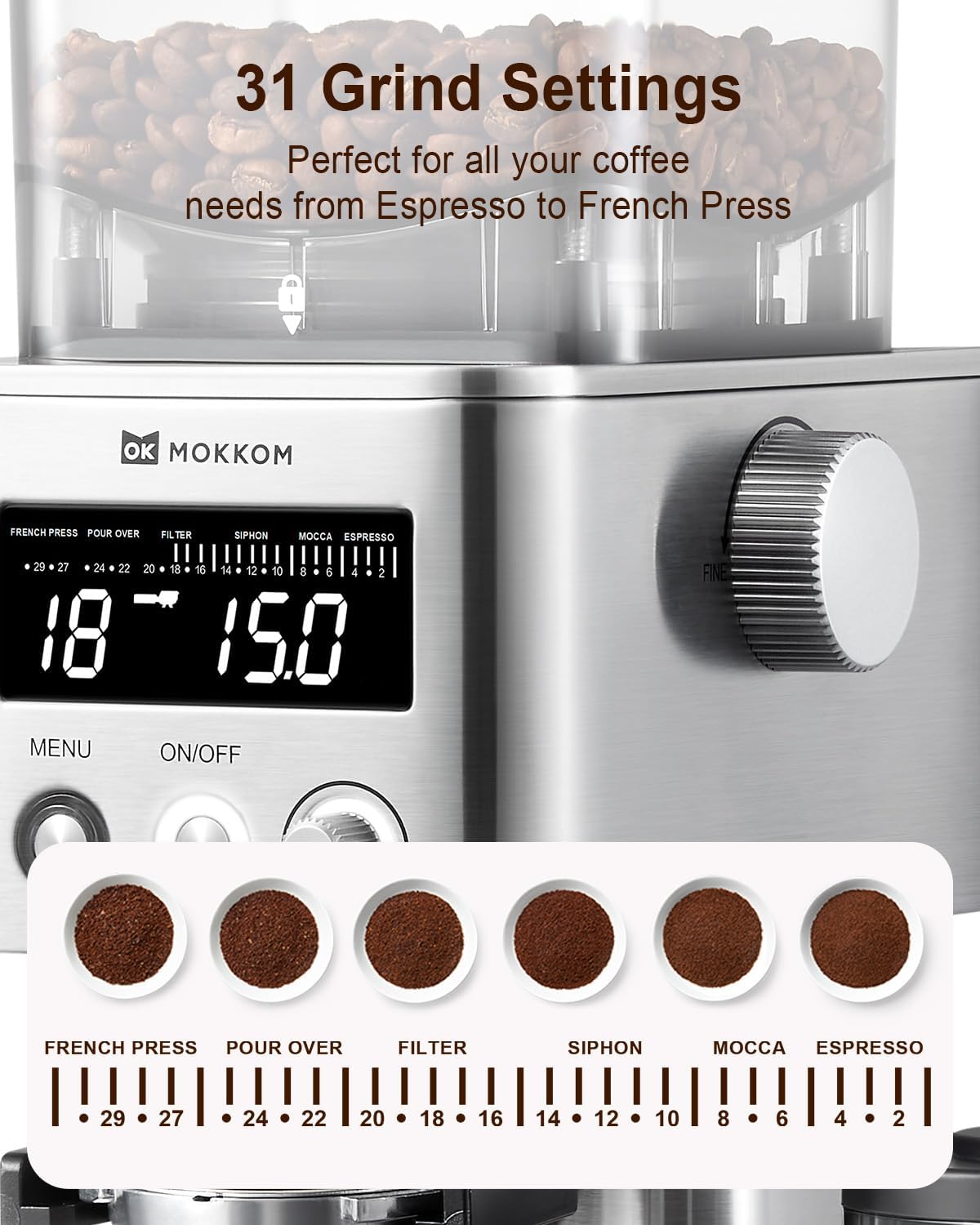 MOKKOM Kaffeemühle, antistatische Kaffeebohnenmühle mit konischem Mahlwerk, einstellbare elektrische Mahlmühle mit 31 präzisen Einstellungen für Espresso/Filterkaffee/Pour Over/Cold Brew/French Press-Kaffeemaschine