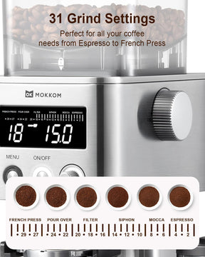 MOKKOM Coffee Grinder, Anti-static Conical Burr Coffee Bean Grinder, Adjustable Electric Burr Mill with 31 Precise Settings for Espresso/Drip/Pour Over/Cold Brew/French Press Coffee Maker