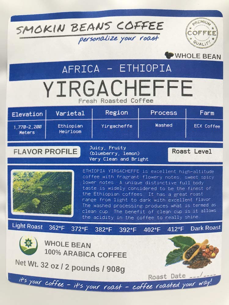 2-pound Yirgacheffe (Fresh Roasted Coffee) Africa Ethiopia Arabica beans roasted-to-order daily medium roast whole bean we can grind or provide lighter or darker roast upon request message at checkout