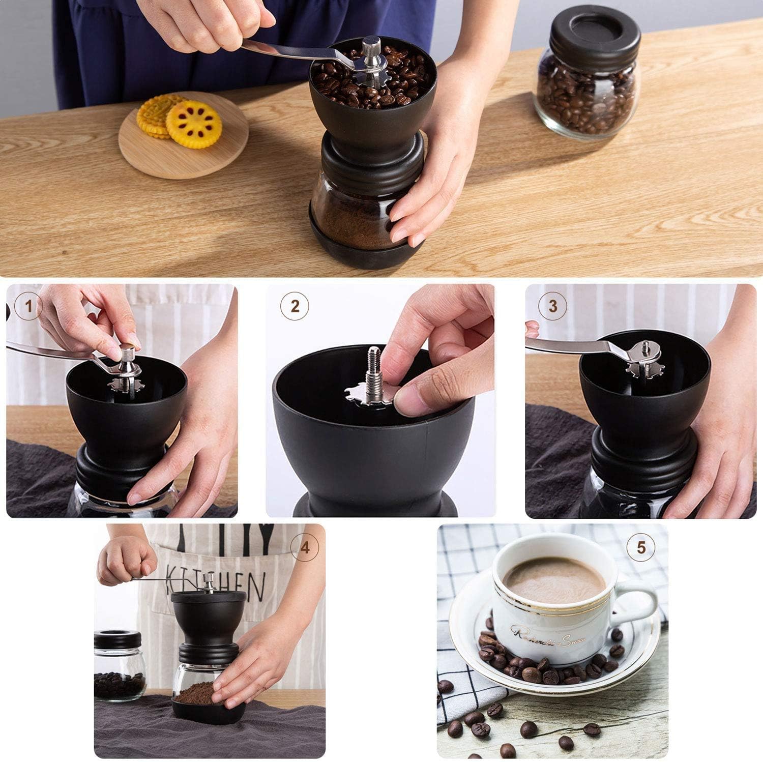 PARACITY Manuelle Kaffeemühle mit Keramikmahlwerk, kleine Handkaffeemühle mit 2 Glasbehältern (312 ml pro Behälter), Edelstahlgriff für Filterkaffee, Espresso, French Press, türkischen Aufguss