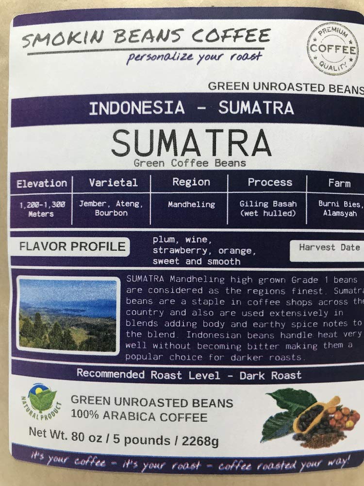 5-pound Sumatra Mandheling (Unroasted Green Coffee Beans) premium Arabica grown Indonesia fresh current-crop beans for home coffee roasters, specialty-grade coffee beans, includes a free burlap bag