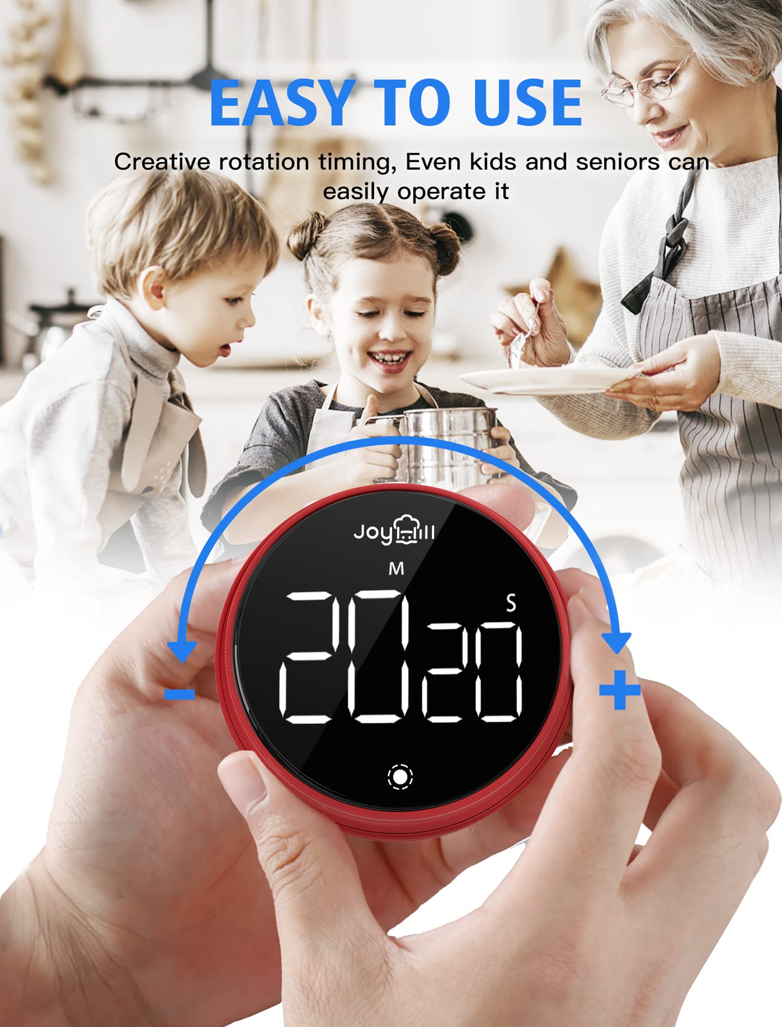 JOYHILL Digitaler Küchentimer, großes LED-Display mit magnetischem Countdown, 3 Lautstärkestufen, ideal zum Kochen, Unterricht, Lernen, Fitness, Timer für Kinder und Senioren, Schwarz