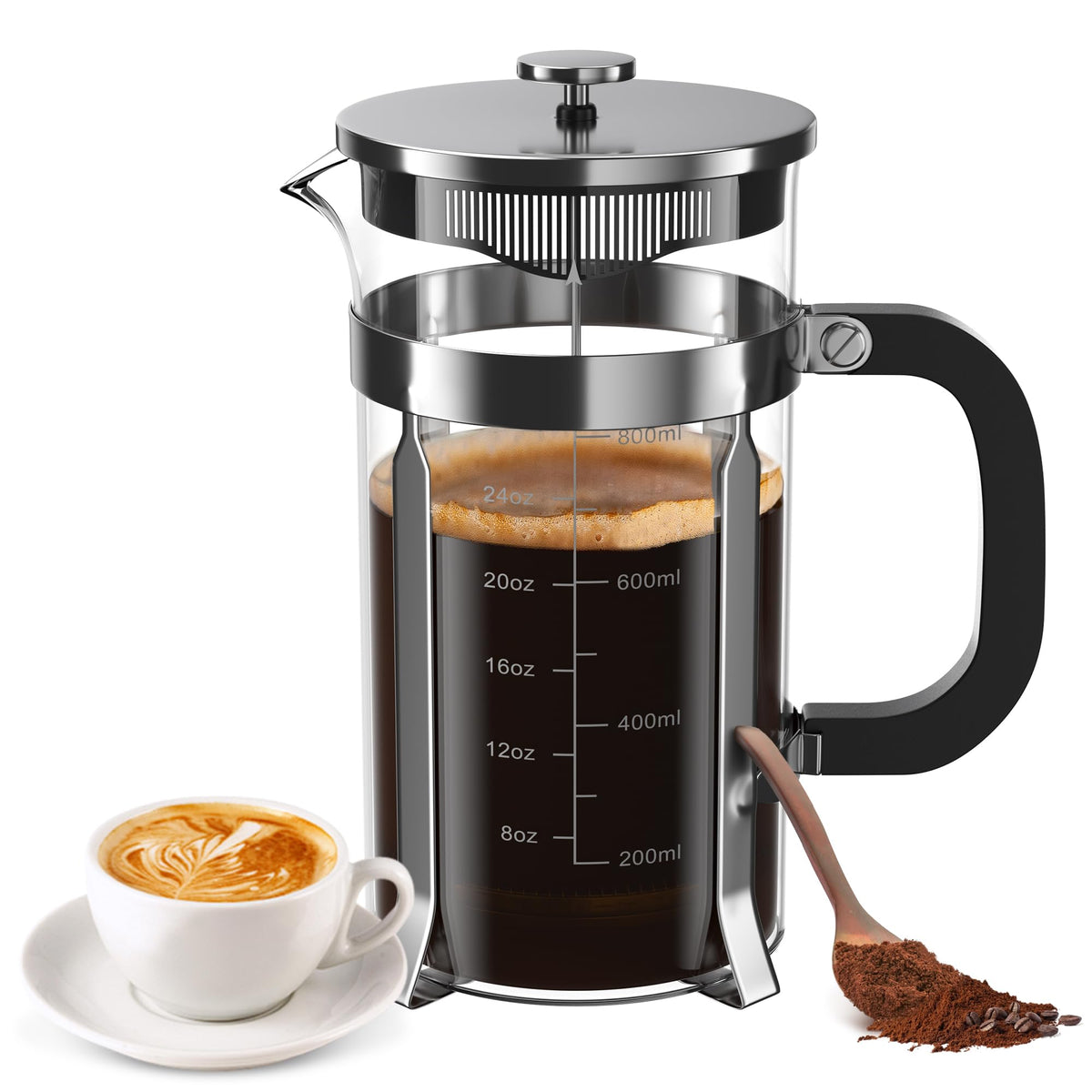 French Press Coffee Maker, 34 Ounce 1 Liter, Stainless Steel, Cold Brew Heat Resistant Borosilicate Glass Espresso Coffee & Tea Maker with 4 Filter