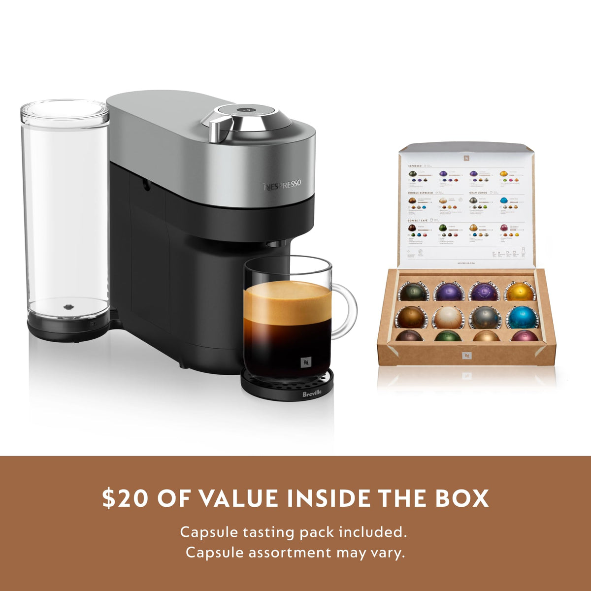 Nespresso Vertuo Pop+ Deluxe Kaffee- und Espressomaschine von Breville mit Milchaufschäumer, Titan